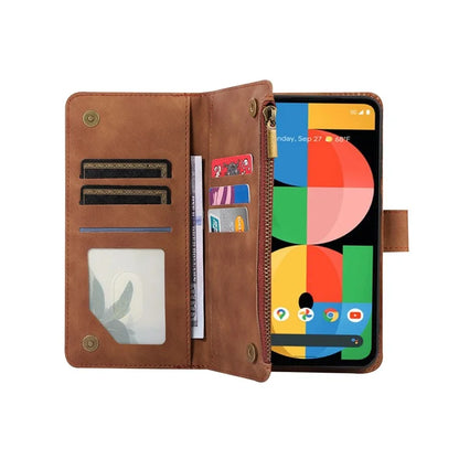 For Google Pixel 5a 5G Magnetic Phone Case PU Leather Zipper Pocket Cover with 9 Card Slots