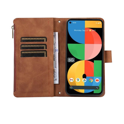 For Google Pixel 5a 5G Magnetic Phone Case PU Leather Zipper Pocket Cover with 9 Card Slots