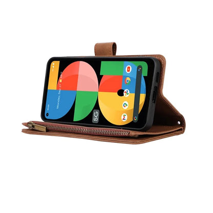 For Google Pixel 5a 5G Magnetic Phone Case PU Leather Zipper Pocket Cover with 9 Card Slots