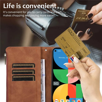 For Google Pixel 5a 5G Magnetic Phone Case PU Leather Zipper Pocket Cover with 9 Card Slots