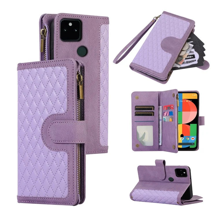 For Google Pixel 5a 5G Magnetic Phone Case PU Leather Zipper Pocket Cover with 9 Card Slots
