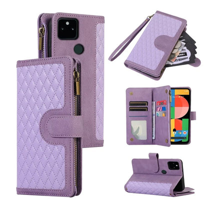 For Google Pixel 5a 5G Magnetic Phone Case PU Leather Zipper Pocket Cover with 9 Card Slots