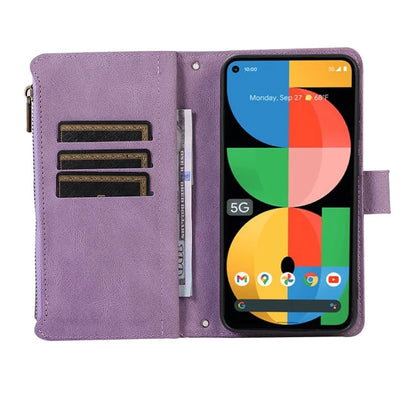 For Google Pixel 5a 5G Magnetic Phone Case PU Leather Zipper Pocket Cover with 9 Card Slots