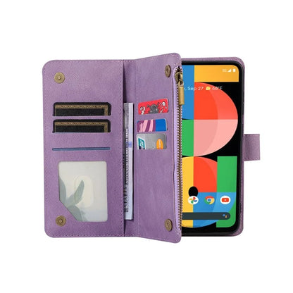 For Google Pixel 5a 5G Magnetic Phone Case PU Leather Zipper Pocket Cover with 9 Card Slots