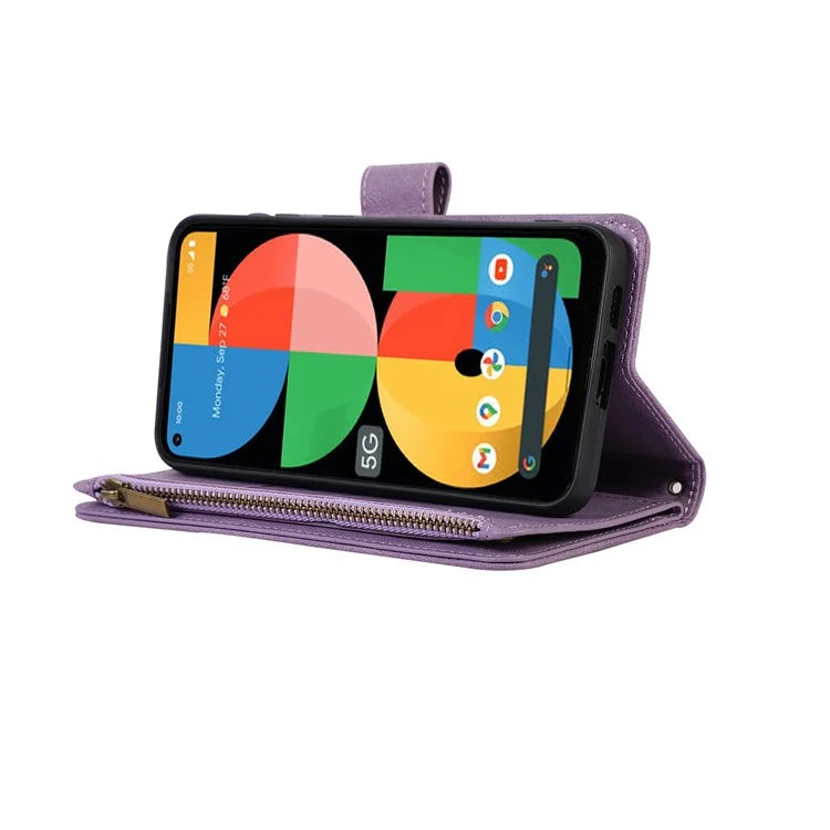 For Google Pixel 5a 5G Magnetic Phone Case PU Leather Zipper Pocket Cover with 9 Card Slots
