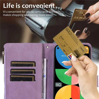 For Google Pixel 5a 5G Magnetic Phone Case PU Leather Zipper Pocket Cover with 9 Card Slots