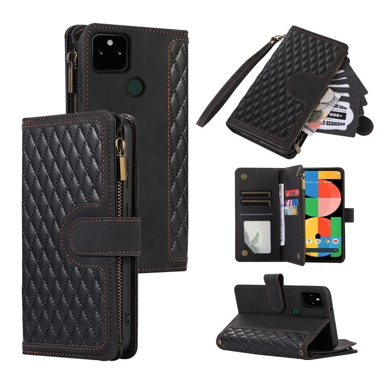 For Google Pixel 5a 5G Magnetic Phone Case PU Leather Zipper Pocket Cover with 9 Card Slots