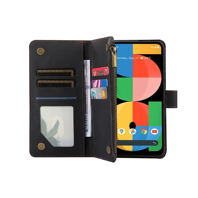For Google Pixel 5a 5G Magnetic Phone Case PU Leather Zipper Pocket Cover with 9 Card Slots