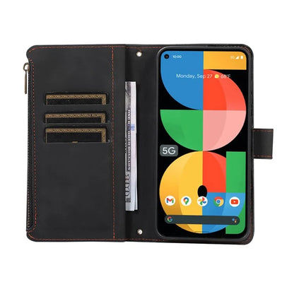 For Google Pixel 5a 5G Magnetic Phone Case PU Leather Zipper Pocket Cover with 9 Card Slots