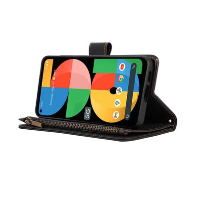 For Google Pixel 5a 5G Magnetic Phone Case PU Leather Zipper Pocket Cover with 9 Card Slots