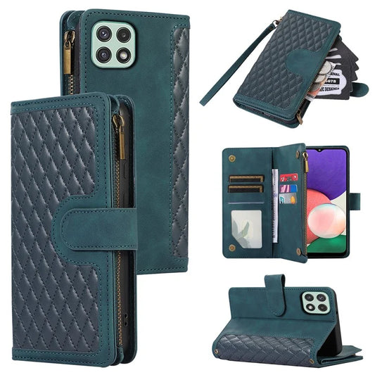 Imprinted Leather Cover for Samsung Galaxy A22 5G (EU Version) Case Zipper Pocket Card Slots Phone Shell