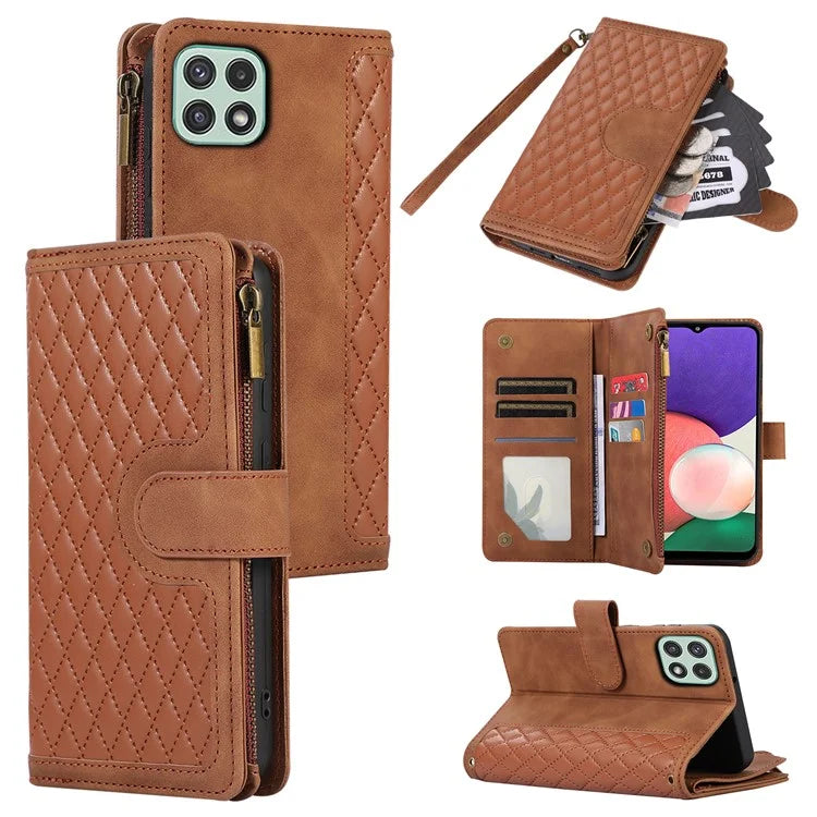 Imprinted Leather Cover for Samsung Galaxy A22 5G (EU Version) Case Zipper Pocket Card Slots Phone Shell