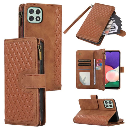 Imprinted Leather Cover for Samsung Galaxy A22 5G (EU Version) Case Zipper Pocket Card Slots Phone Shell