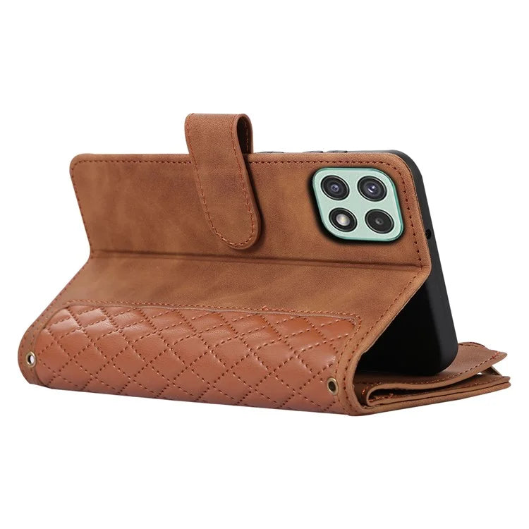 Imprinted Leather Cover for Samsung Galaxy A22 5G (EU Version) Case Zipper Pocket Card Slots Phone Shell