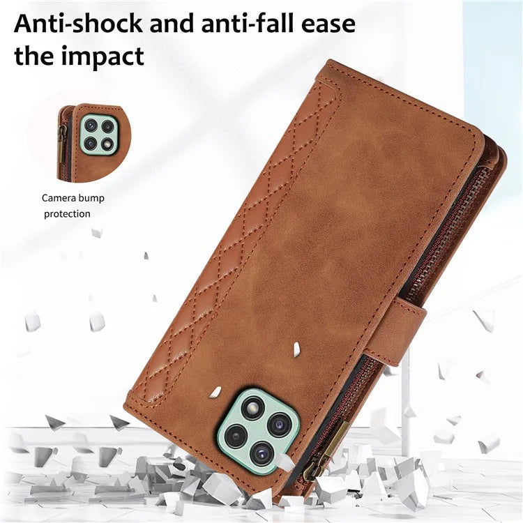 Imprinted Leather Cover for Samsung Galaxy A22 5G (EU Version) Case Zipper Pocket Card Slots Phone Shell