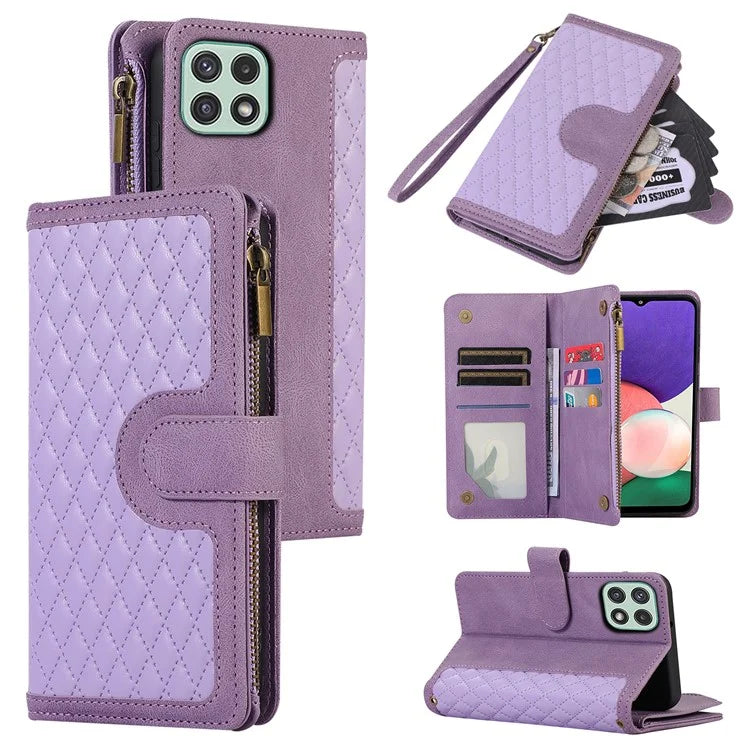 Imprinted Leather Cover for Samsung Galaxy A22 5G (EU Version) Case Zipper Pocket Card Slots Phone Shell