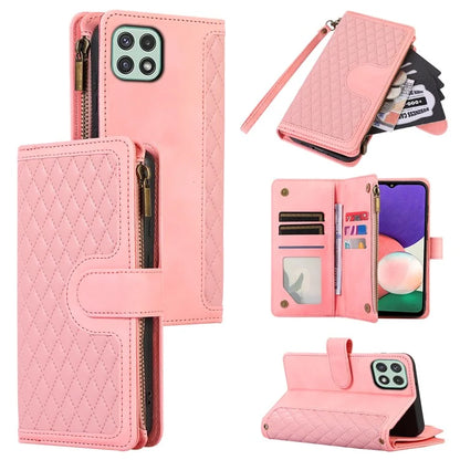 Imprinted Leather Cover for Samsung Galaxy A22 5G (EU Version) Case Zipper Pocket Card Slots Phone Shell