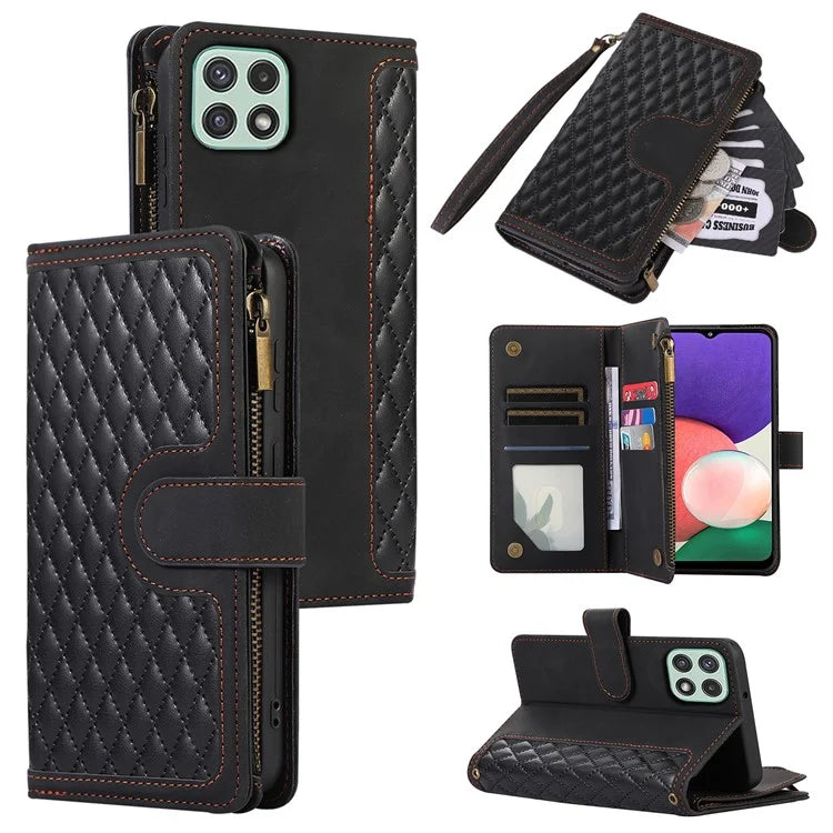 Imprinted Leather Cover for Samsung Galaxy A22 5G (EU Version) Case Zipper Pocket Card Slots Phone Shell