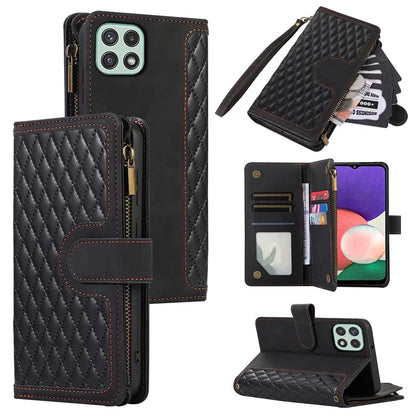 Imprinted Leather Cover for Samsung Galaxy A22 5G (EU Version) Case Zipper Pocket Card Slots Phone Shell