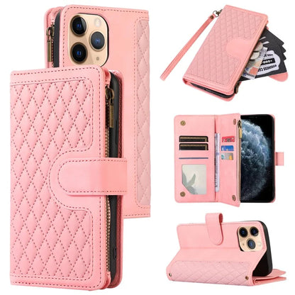 For iPhone 11 Pro Max Cell Phone Case Rhombus Imprinted Leather Drop-proof Wallet Cover