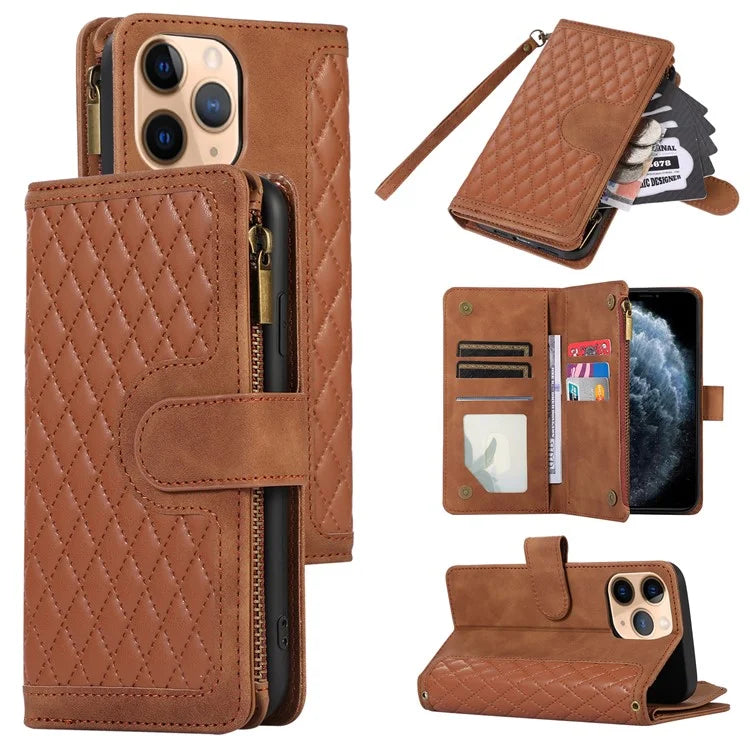 For iPhone 11 Pro Max Cell Phone Case Rhombus Imprinted Leather Drop-proof Wallet Cover