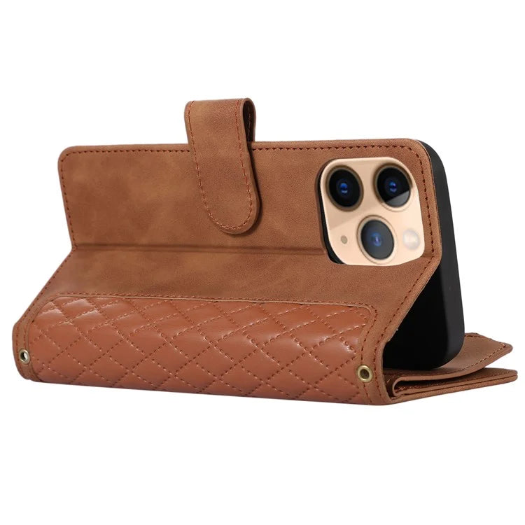 For iPhone 11 Pro Max Cell Phone Case Rhombus Imprinted Leather Drop-proof Wallet Cover