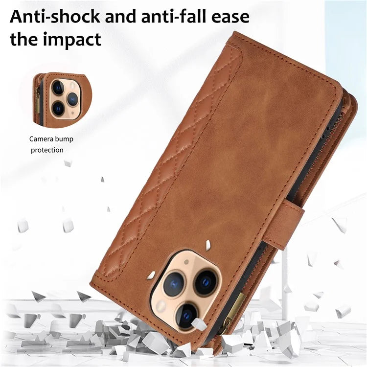 For iPhone 11 Pro Max Cell Phone Case Rhombus Imprinted Leather Drop-proof Wallet Cover