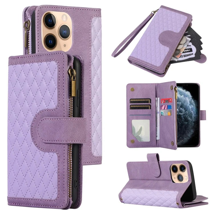 For iPhone 11 Pro Max Cell Phone Case Rhombus Imprinted Leather Drop-proof Wallet Cover