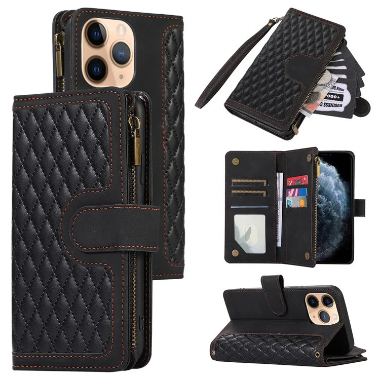 For iPhone 11 Pro Max Cell Phone Case Rhombus Imprinted Leather Drop-proof Wallet Cover