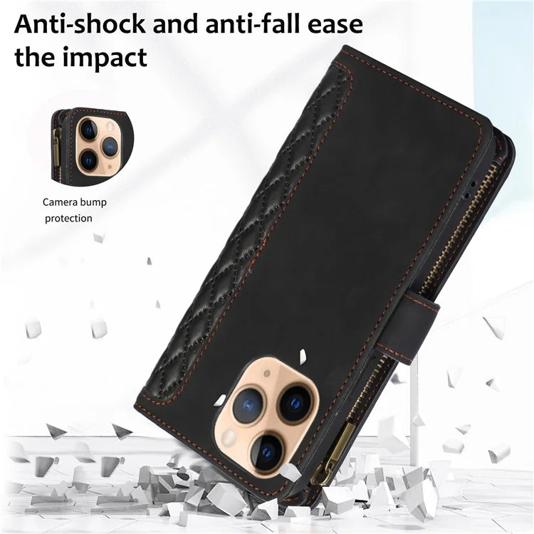 For iPhone 11 Pro Max Cell Phone Case Rhombus Imprinted Leather Drop-proof Wallet Cover