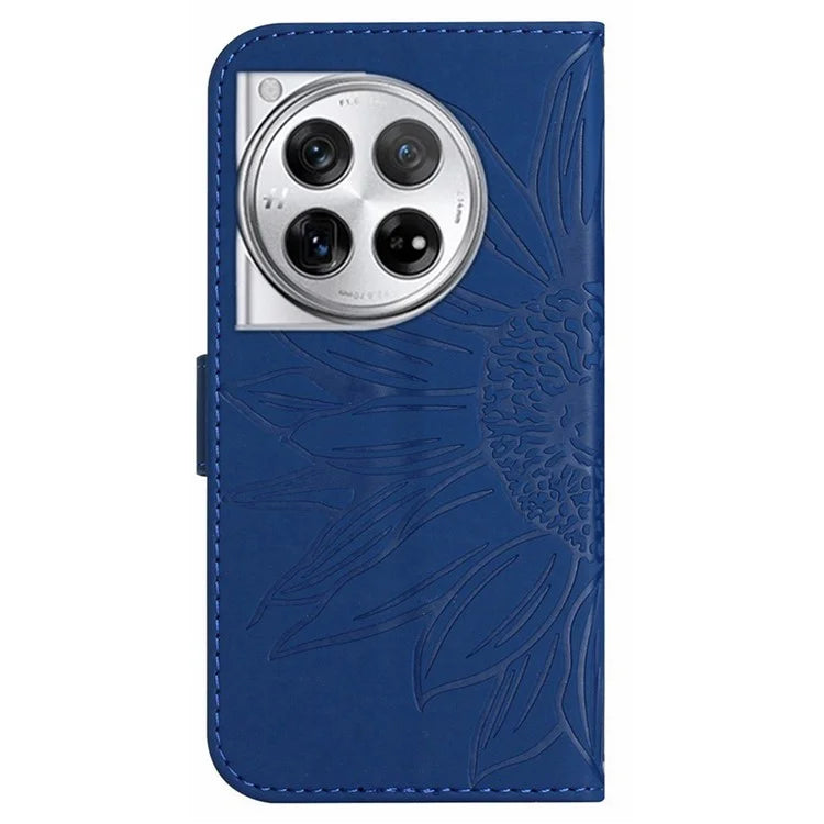 HT04 Wallet Phone Case for OnePlus 12 5G PU Leather Sunflower Pattern Cover with Wrist Strap