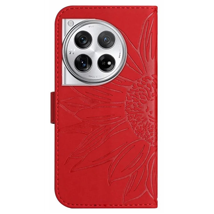 HT04 Wallet Phone Case for OnePlus 12 5G PU Leather Sunflower Pattern Cover with Wrist Strap