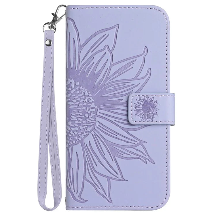HT04 Wallet Phone Case for OnePlus 12 5G PU Leather Sunflower Pattern Cover with Wrist Strap