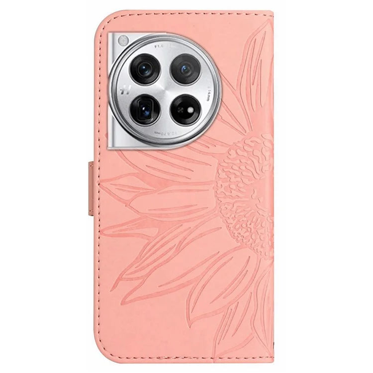 HT04 Wallet Phone Case for OnePlus 12 5G PU Leather Sunflower Pattern Cover with Wrist Strap