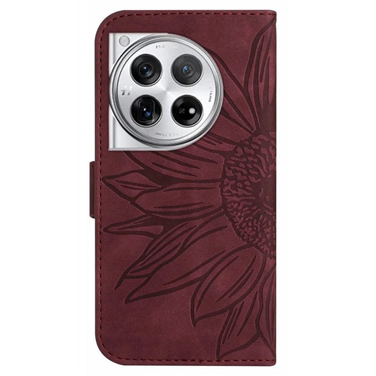 HT04 Wallet Phone Case for OnePlus 12 5G PU Leather Sunflower Pattern Cover with Wrist Strap