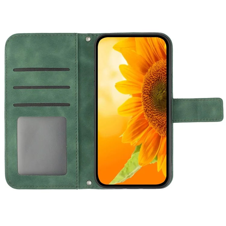 HT04 Wallet Phone Case for OnePlus 12 5G PU Leather Sunflower Pattern Cover with Wrist Strap