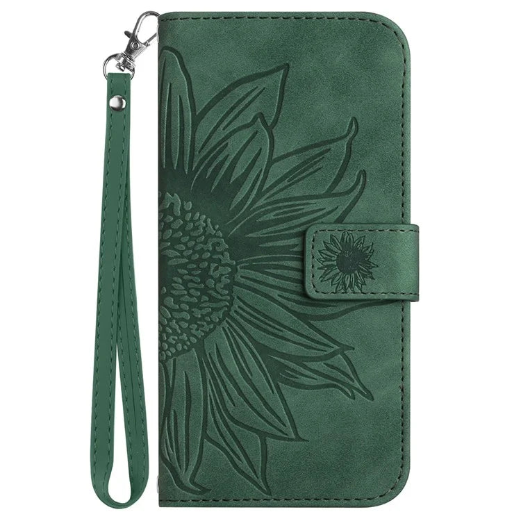 HT04 Wallet Phone Case for OnePlus 12 5G PU Leather Sunflower Pattern Cover with Wrist Strap