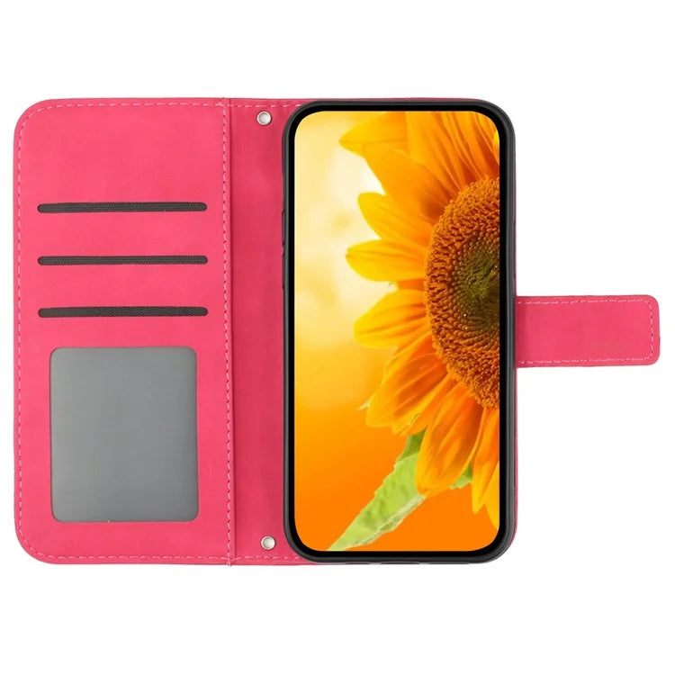 HT04 Wallet Phone Case for OnePlus 12 5G PU Leather Sunflower Pattern Cover with Wrist Strap