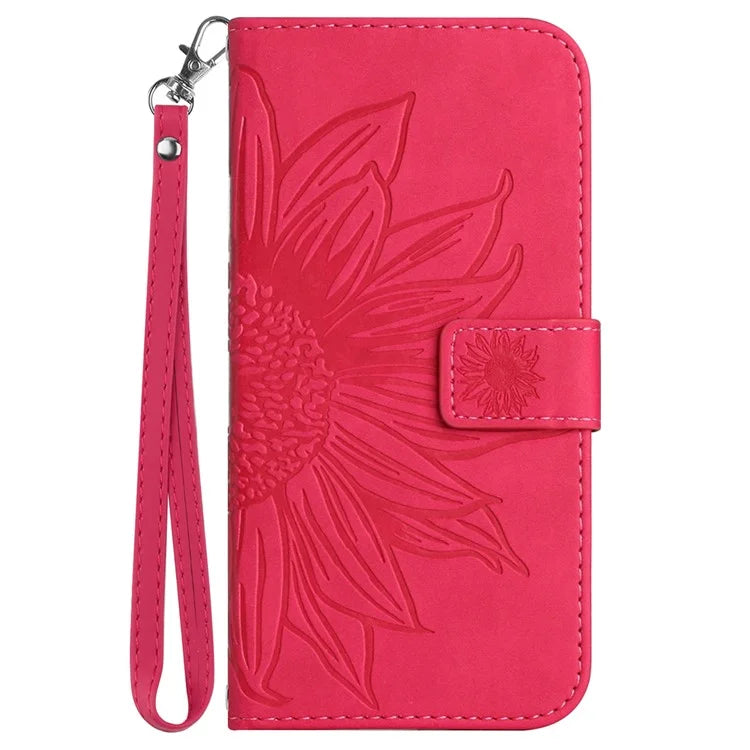 HT04 Wallet Phone Case for OnePlus 12 5G PU Leather Sunflower Pattern Cover with Wrist Strap