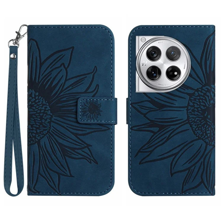HT04 Wallet Phone Case for OnePlus 12 5G PU Leather Sunflower Pattern Cover with Wrist Strap
