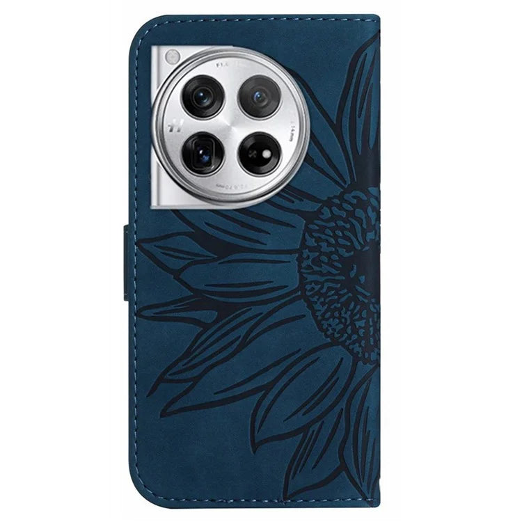 HT04 Wallet Phone Case for OnePlus 12 5G PU Leather Sunflower Pattern Cover with Wrist Strap