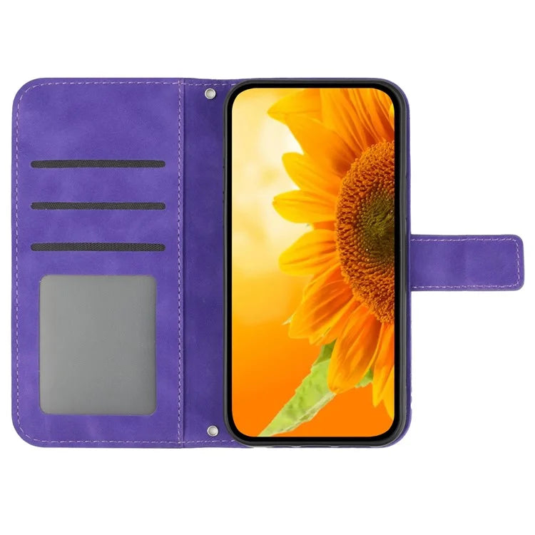 HT04 Wallet Phone Case for OnePlus 12 5G PU Leather Sunflower Pattern Cover with Wrist Strap