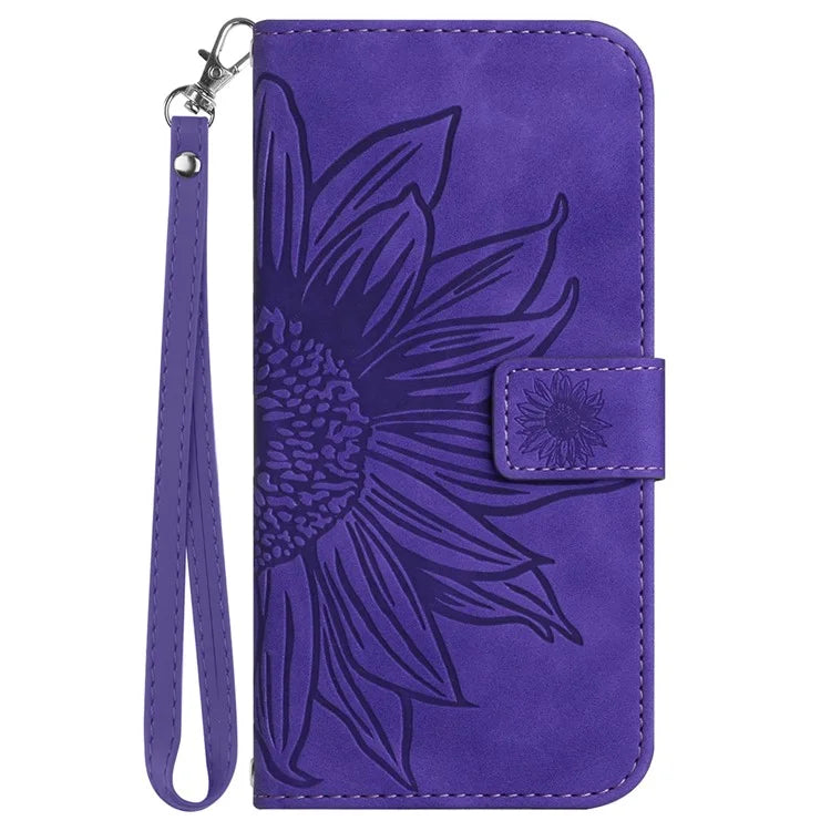 HT04 Wallet Phone Case for OnePlus 12 5G PU Leather Sunflower Pattern Cover with Wrist Strap