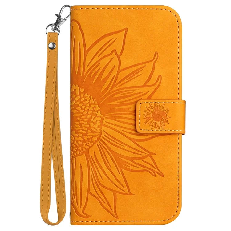 HT04 Wallet Phone Case for OnePlus 12 5G PU Leather Sunflower Pattern Cover with Wrist Strap