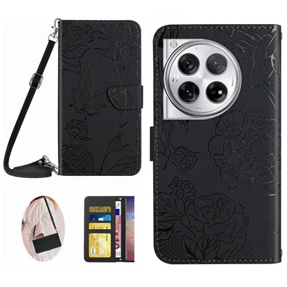HT03 For OnePlus 12 5G PU Leather Phone Case Butterfly Flower Cover with Shoulder Strap