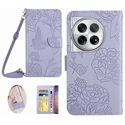 HT03 For OnePlus 12 5G PU Leather Phone Case Butterfly Flower Cover with Shoulder Strap