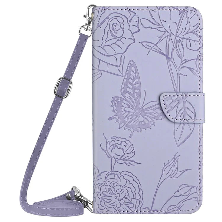HT03 For OnePlus 12 5G PU Leather Phone Case Butterfly Flower Cover with Shoulder Strap