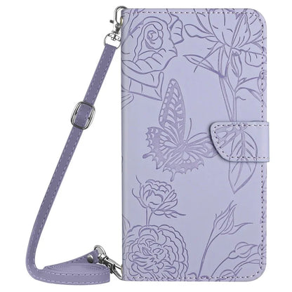 HT03 For OnePlus 12 5G PU Leather Phone Case Butterfly Flower Cover with Shoulder Strap