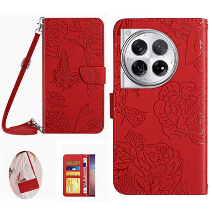 HT03 For OnePlus 12 5G PU Leather Phone Case Butterfly Flower Cover with Shoulder Strap