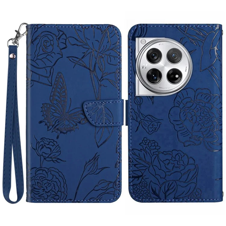 HT03 For OnePlus 12 5G Wallet Phone Case Flower Pattern Leather Cover with Hand Strap
